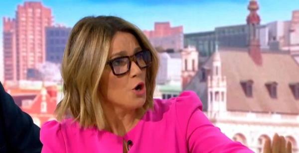 Susanna Reid with her mouth open on Good Morning Britain wearing a pink top