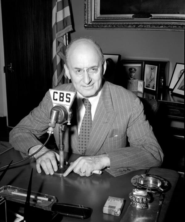 Henry Morgenthau at an old broadcast microphone in 1945