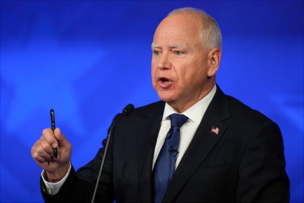 Democratic vice presidential nominee Minnesota Gov. Tim Walz speaks during a vice presidential debate hosted by CBS News.