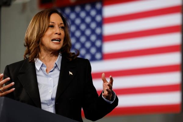 Vice President and Democratic presidential candidate Kamala Harris speaks at a Labor Day event at Northwestern High School in Detroit, Michigan, September 2, 2024.