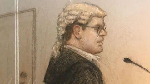 PA Media Courtroom sketch of Tom Little KC speaking into the microphone