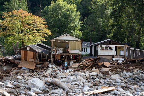 Destroyed homes in Chimney Rock, North Carolina following the devastation of Hurricane Helene in 2024