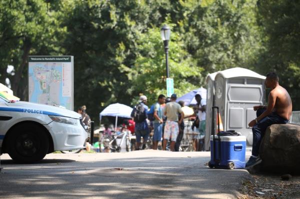 Migrant market on Randall's Island. 