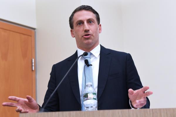 Attorney Alex Spiro at a press conference inside 51 Madison Ave., NYC, discussing federal charges defense strategy for Mayor Eric Adams