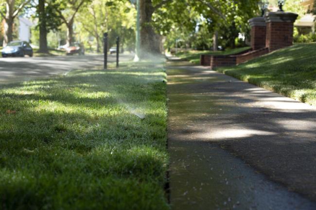 Sprinklers water a lawn in Sacramento on June 29, 2022. Photo by Miguel Gutierrez Jr., CalMatters