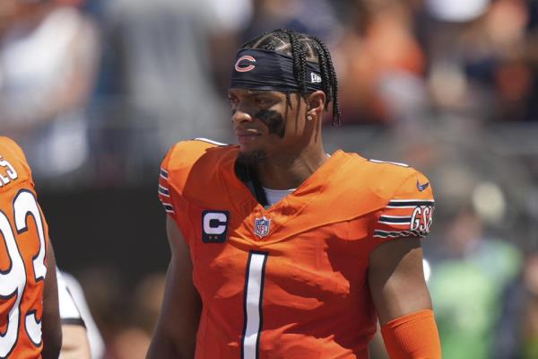 Chicago Bears quarterback Justin Fields is off to a poor start this season. (AP Photo/Peter Joneleit)