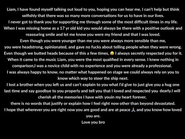 Zayn Malik's Instagram tribute post to Liam Payne.