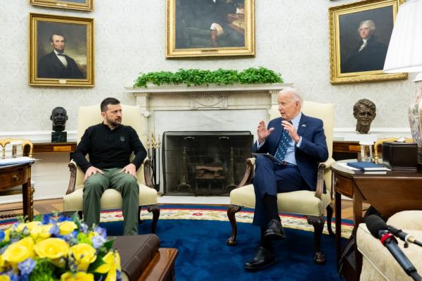 US President Joe Biden and Ukraine's President Volodymyr Zelensky sitting in the Oval Office at the White House on September 26, 2024.