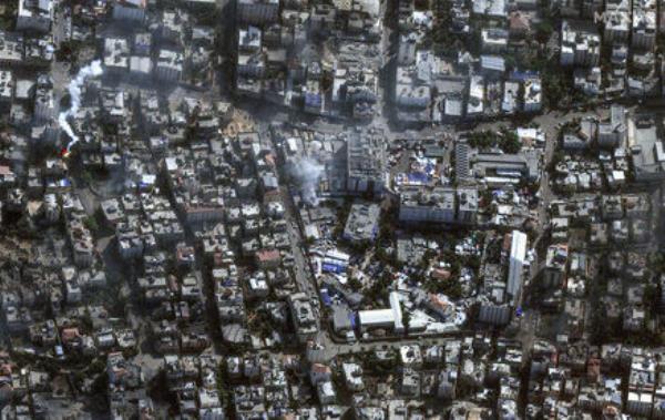 This image provided by Maxar Technologies shows al-Shifa hospital and surroundings in Gaza City, Saturday Nov. 11, 2023. (Satellite image ©2023 Maxar Technologies via AP)