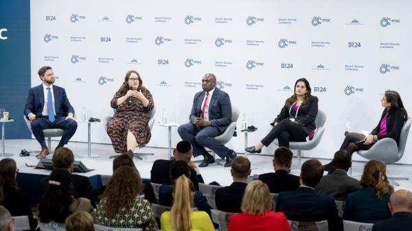 18 February 2024, Bavaria, Munich: J.D. Vance (l-r), US Senator, Ricarda Lang, Federal Chairwoman of B'ndnis 90/Die Gr'nen, David Lammy, British politician, Priyanka Chaturvedi, Indian politician and Nathalie Tocci, moderator, recorded on the last day of the 60th Munich Security Conference (MSC) at the Hotel Bayerischer Hof. Photo by: Tobias Hase/picture-alliance/dpa/AP Images