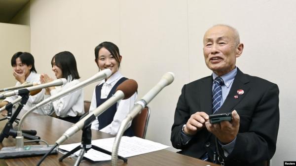 Nihon Hidankyo co-chair Toshiyuki Mimaki, who survived the 1945 atomic bombing of Hiroshima, attends a news conference after the 2024 Nobel Peace Prize winner was announced in Hiroshima, Japan Oct. 11, 2024, in this photo taken by Kyodo.