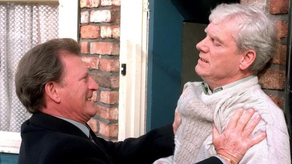 Johnny Briggs and Geoff Hinsliff. Pic: ITV/Shutterstock
