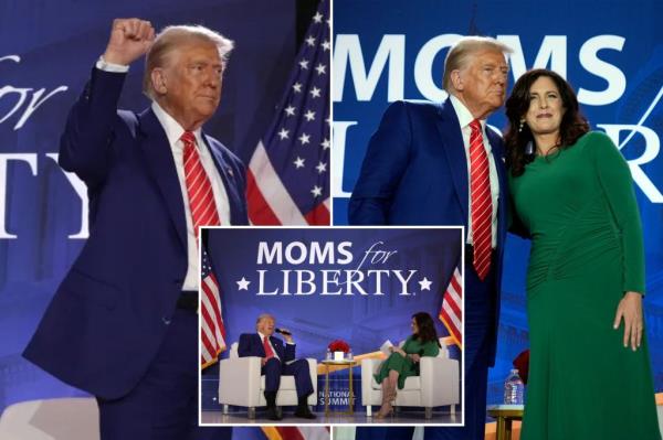 共和党总统候选人前总统唐纳德·特朗普与“自由妈妈”联合创始人蒂芙尼·贾斯蒂斯在华盛顿的年会上合影。