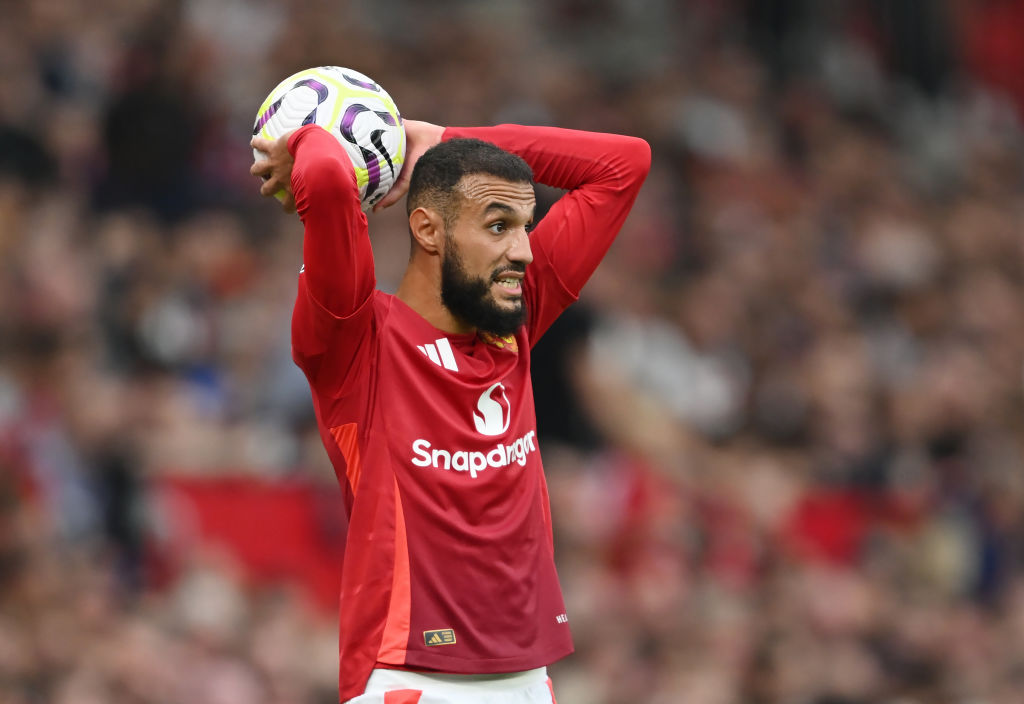 Noussair Mazraoui of Manchester United in action during the Premier League match between Manchester United FC and Liverpool FC at Old Trafford