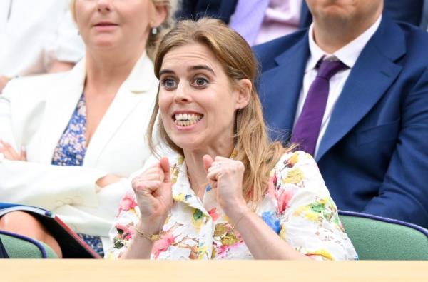 Princess Beatrice of York at Wimbledon Tennis Championships 2024 in London, England, with her fists up