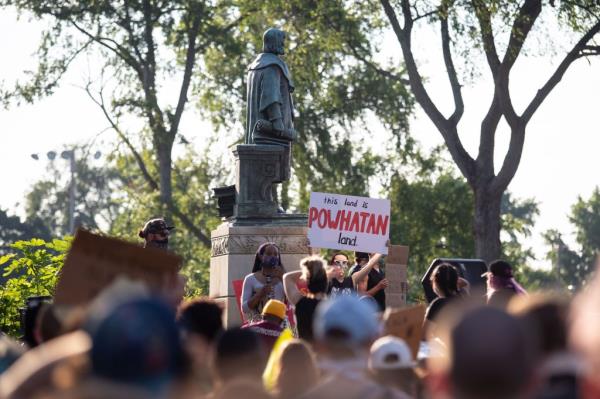 Protest against statue of Christopher Columbus in 2020.