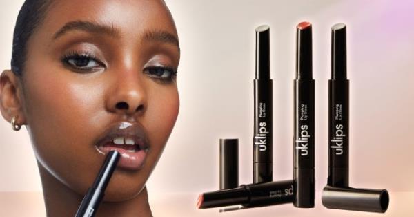 A picture of a woman and three lip gloss sticks
