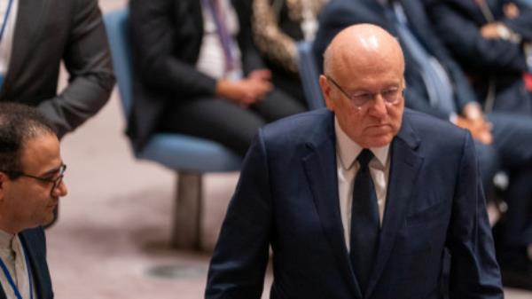 Lebanon&#039;s caretaker Prime Minister, Najib Mikati looks on at the United Nations Security Council meeting on the escalation in fighting in Lebanon between Israel and Hezbollah during the United Nations General Assembly at U.N. headquarters in New York, U.S., September 25, 2024. REUTERS/David Dee Delgado

