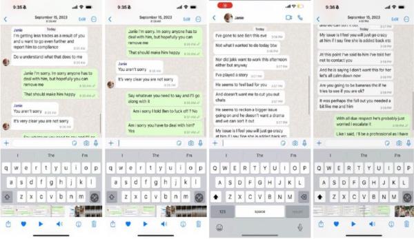 Screenshots of messages on a phone indicating claimed harassment, linked to a legal case involving Christine O'Reilly and her supervisor.