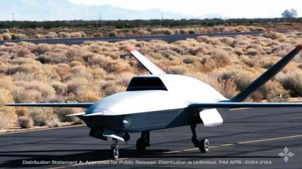 White XQ-67A drone on a runway, a new aircraft revealed by the U.S. Air Force
