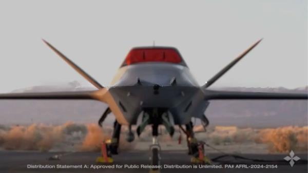 Close-up of the US Air Force's XQ-67A drone in flight