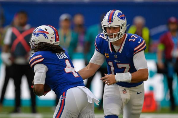 James Cook of Buffalo Bills and Josh Allen of Buffalo Bills