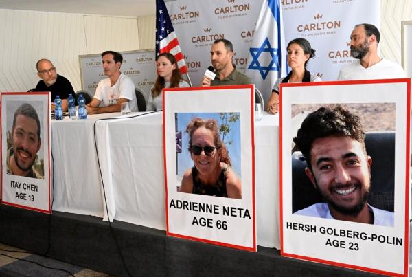 American-Israeli families whose loved ones are missing and believed to be held hostage speak at a press conference on Tuesday.