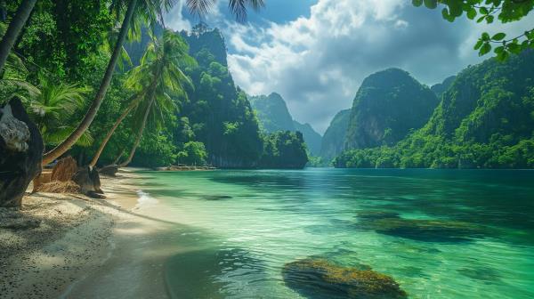 tropical beach with palm trees, turquoise waters and forest on mountains in background
