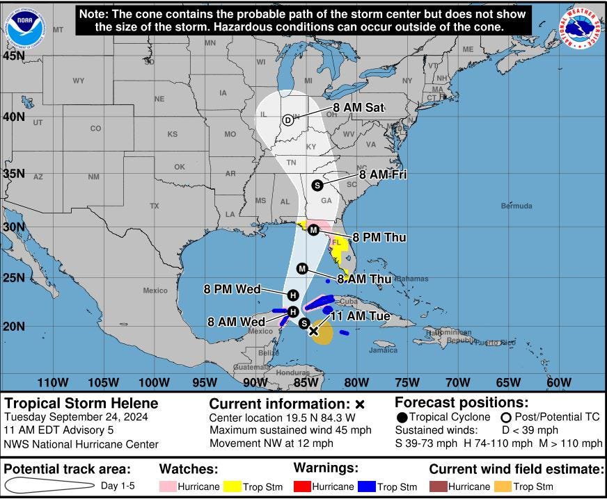 National Hurricane Center probable path map shows Helene making landfall in Florida's Gulf Coast on Thursday night