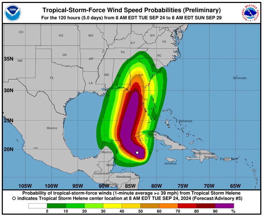 Wind speed probabilities map shows Topical Storm Helene making landfall in Florida's Gulf Coast and affecting Georgia, Alabama and parts of Mexico