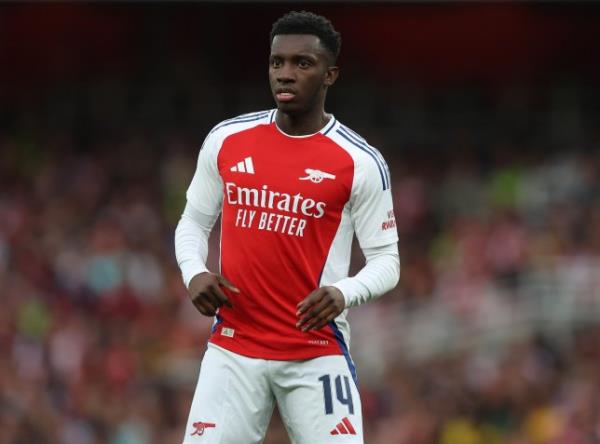 Eddie Nketiah of Arsenal during the pre-season friendly match between Arsenal and Bayer 04 Leverkusen at Emirates Stadium on August 7, 2024 in London, England.
