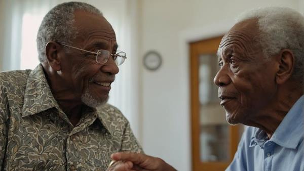 Two older men talking