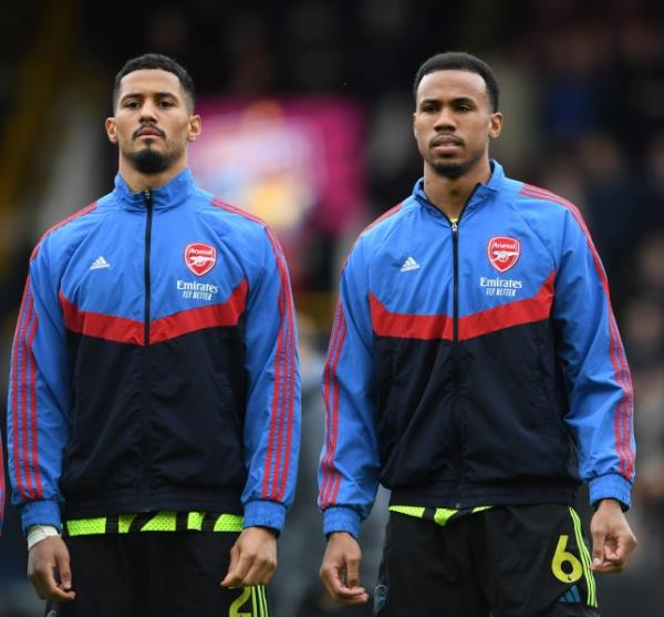 Arsenal stars William Saliba and Gabriel Magalhaes line up