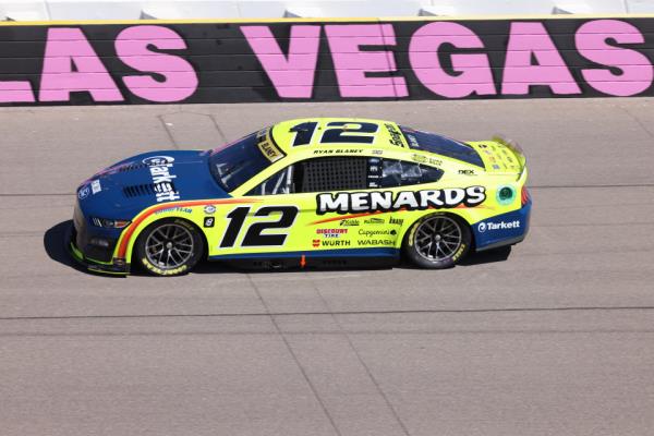 LAS VEGAS, NV - OCTOBER 14: Ryan Blaney (#12 Team Penske Menards/Tarkett Ford) during qualifying for the NASCAR Cup Series Playoff South Point 400 Saturday Oct. 14, 2023 at Las Vegas Motor Speedway in Las Vegas, NV. (Photo by Marc Sanchez/LVMS/Icon Sportswire via Getty Images)
