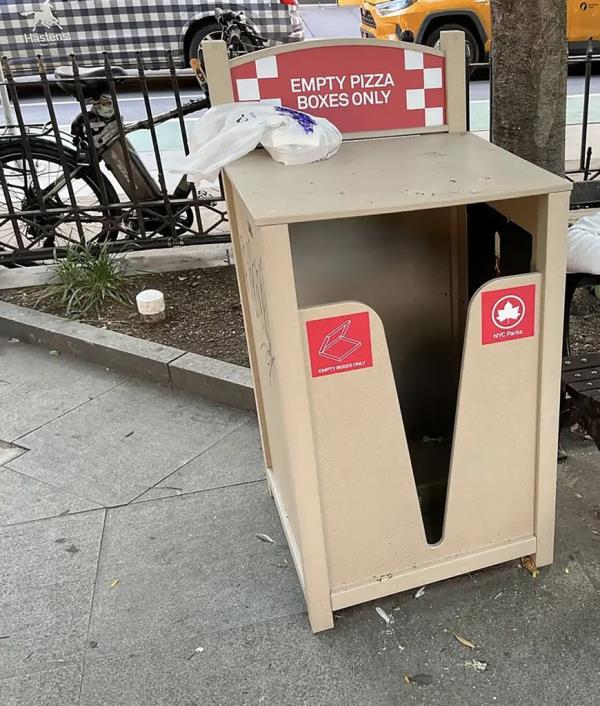 It's pizza boxes only in some trash bins in New York City. The city installed the bins to accommodate stacked pizza boxes