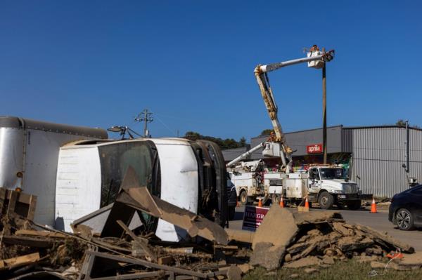 Power line workers restoring electricity in Swannanoa, North Carolina, U.S. after the passing of Hurricane Helene