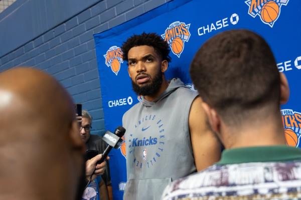 Karl-Anthony Towns speaks with the media during practice at the Citadel McAlister Field House.
