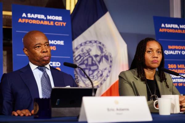 Mayor Eric Adams, left, and First Deputy Mayor Sheena Wright during a news conference at City Hall on Tuesday, September 17, 2024 in New York, N.Y.