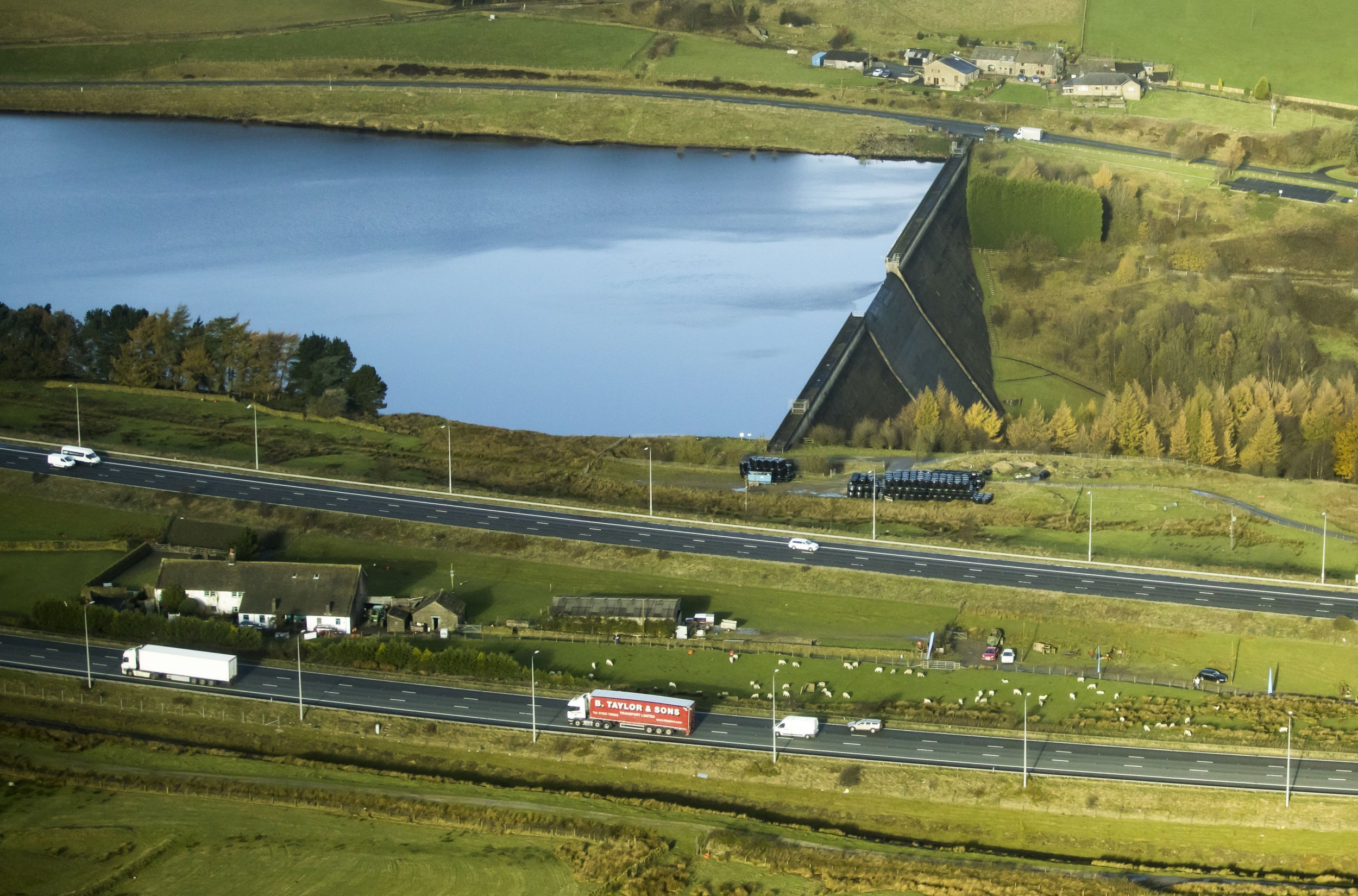 An aerial view of Stott Hall farm near Huddersfield in Yorkshire, which sits in the middle of the M62, as the farm has become the latest to join Yorkshire WaterÕs Beyond Nature vision which aims to transform how farms in the region connect with the land, water and wildlife around them.
