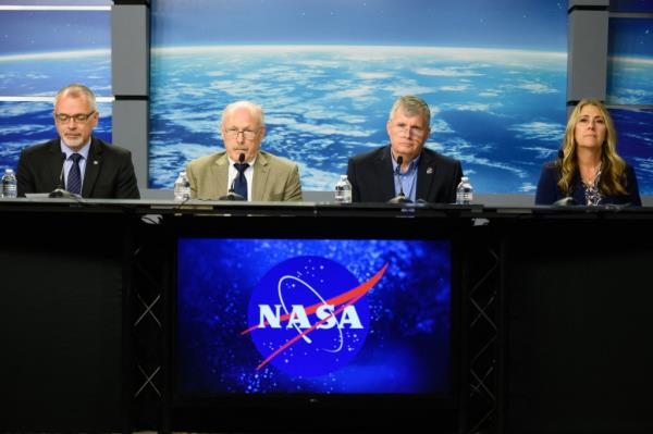 NASA Associate Administrator James Free, Associate Administrator Ken Bowersox, Commercial Crew Manager Steve Stich and International Space Station Program Manager Dana Weigel speak during a news conference.