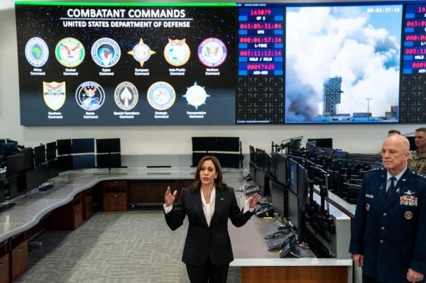 Vice President Kamala Harris receives an unclassified briefing in the Command Space Operations Center at Vandenberg Space Force base on April 18, 2022 in California.