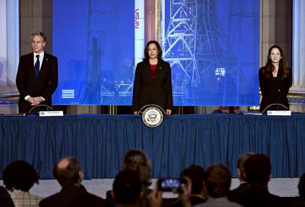 (L-R) US Secretary of State Antony Blinken, Vice President Kamala Harris and Director of National Intelligence Avril Haines attend the US National Space Council meeting at the Andrew W. Mellon Auditorium in Washington, DC, on December 20, 2023.