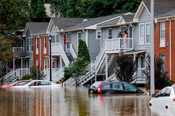 Streets outside the Peachtree Park Apartments were flooded during Hurricane Helene raced through Atlanta, Georgia.
