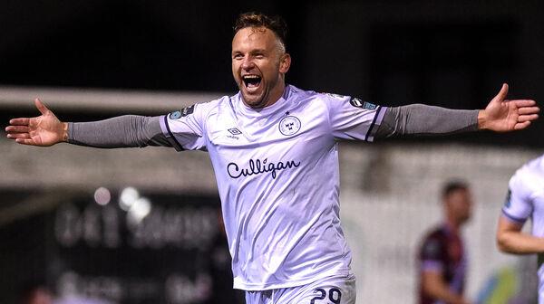 Shelbourne’s Paddy Barrett celebrates scoring his sides fourth goal. Pic Credit ©INPHO/Ciaran Culligan