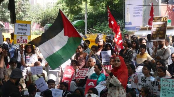 Activists gather in New Delhi in solidarity with Palestine and to demand the Indian government ceases ties with Israel on Oct. 7, 2024. (CPIML)