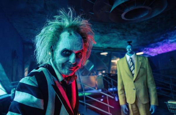 Michael Keaton in his ghost costume in a still from "Beetlejuice Beetlejuice"