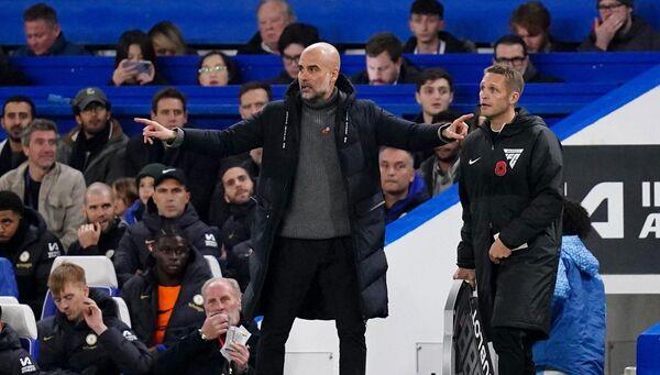 Manchester City manager Pep Guardiola on the touchline during the Premier League match at Stamford Bridge. Manchester City manager Pep Guardiola on the touchline during the Premier League match at Stamford Bridge.