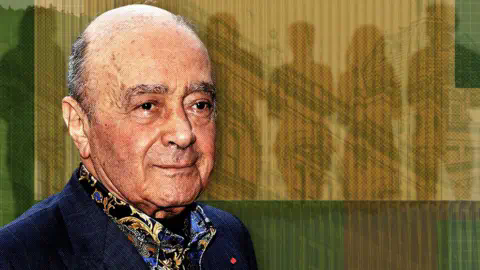 BBC Graphic showing Mohamed Al Fayed against a backdrop in the Harrods colours of gold and green, with a line-up of shadowy figures behind him