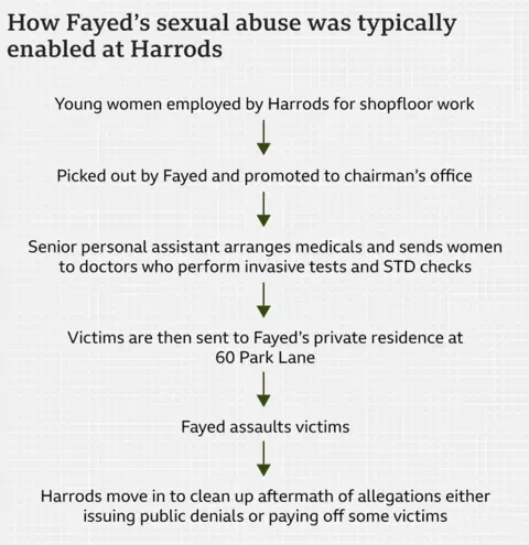 A flowchart graphic headed "How Fayed's sexual abuse was typically enabled at Harrods". Step 1: Young women employed by Harrods for shopfloor work. Step 2: Picked out by Fayed and promoted to chairman's office. Step 3: Senior personal assistant arranges medicals and sends women to doctors who perform invasive tests and STD checks. Step 4: Victims are then sent to Fayed's private residence at 60 Park Lane. Step 5: Fayed assaults victims. Step 6: Harrods move in to clean up aftermath of allegations, either issues public denials or paying off some of the victims