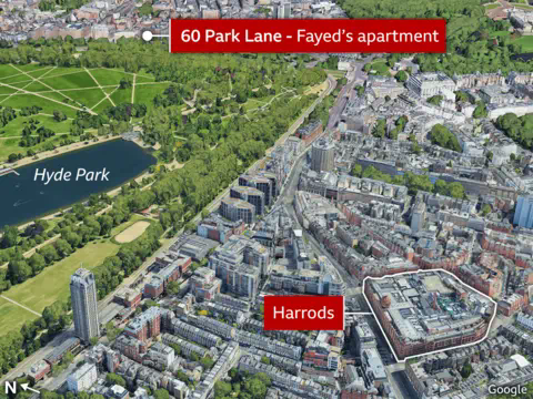 An aerial view of London near Hyde Park, showing Harrods and 60 Park Lane where Al Fayed's apartment was located
